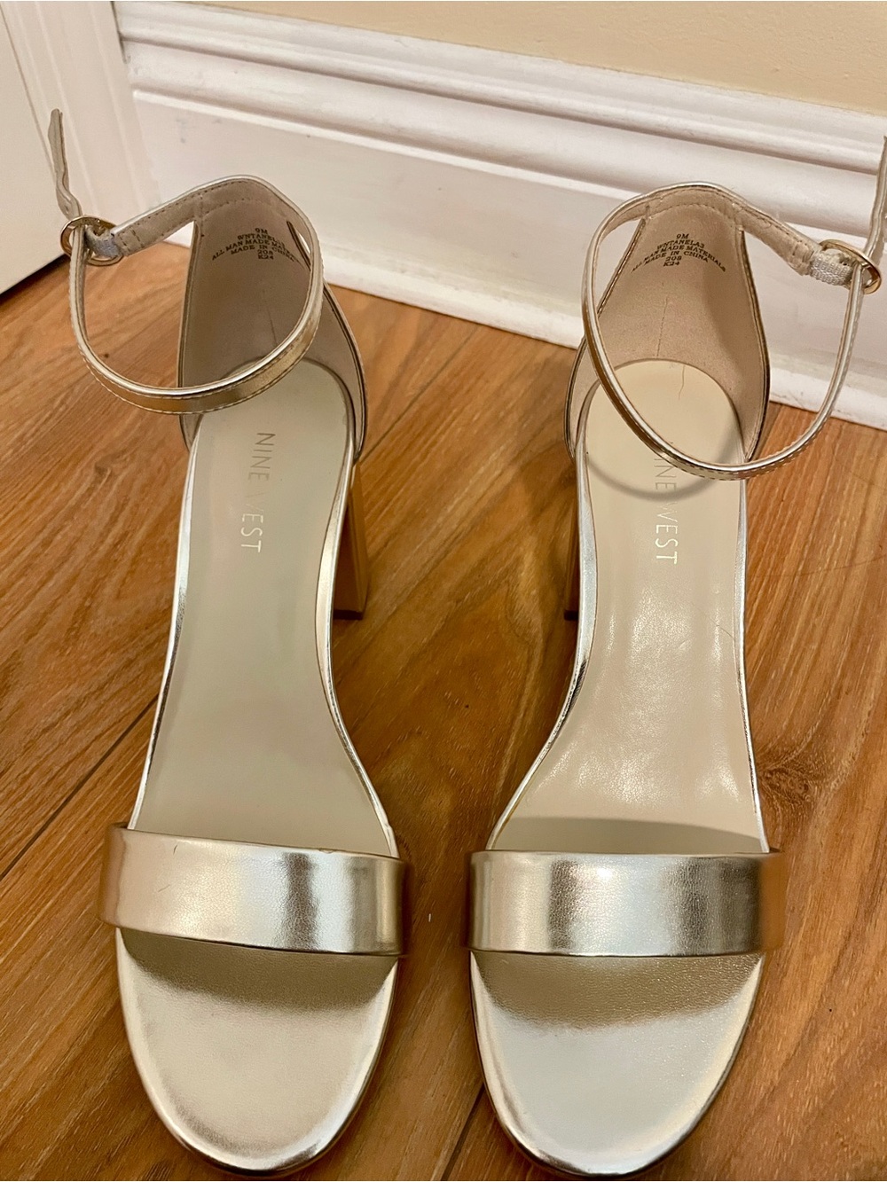 Nine West Gold Metallic Ankle-Strap Block Heel Sandals